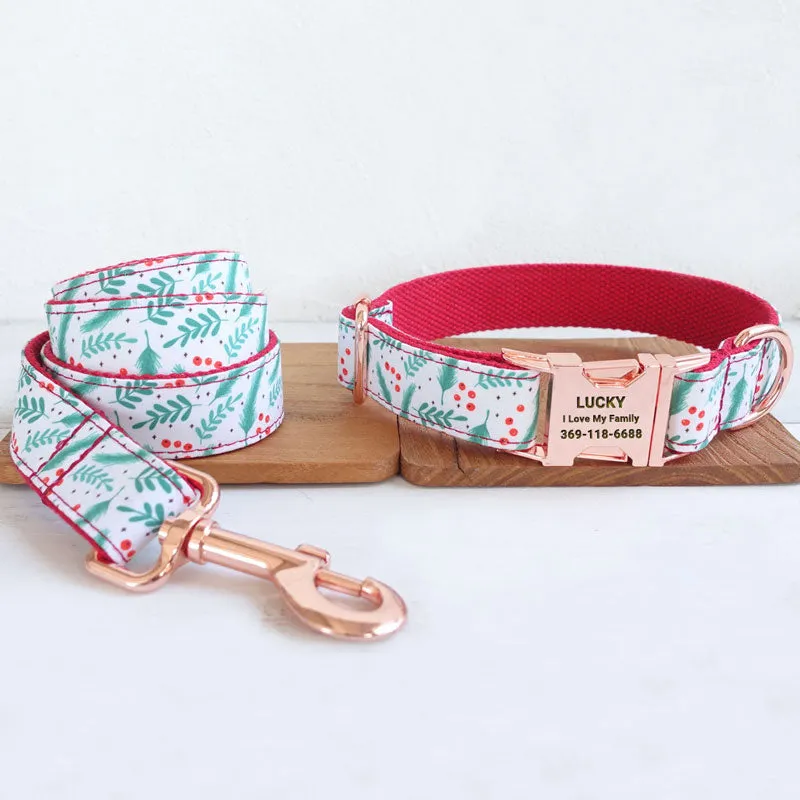 Personalized Dog Collar Set Engraved Rose Gold Metal Buckle Christmas Green Leaf