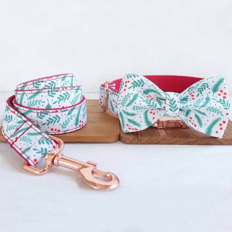 Personalized Dog Collar Set Engraved Rose Gold Metal Buckle Christmas Green Leaf