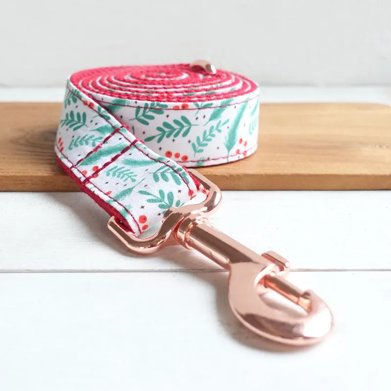Personalized Dog Collar Set Engraved Rose Gold Metal Buckle Christmas Green Leaf