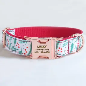 Personalized Dog Collar Set Engraved Rose Gold Metal Buckle Christmas Green Leaf