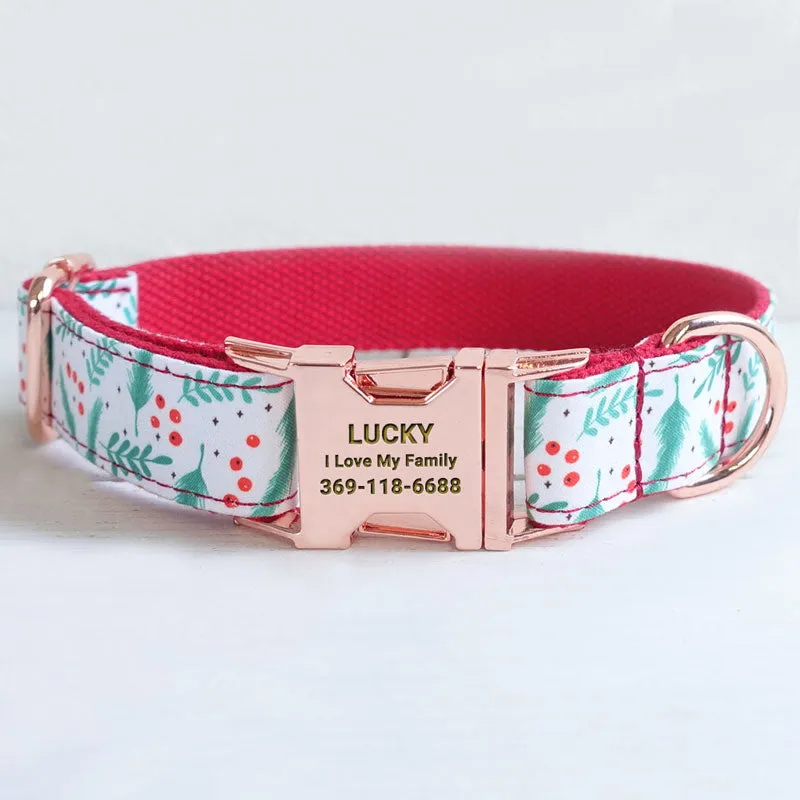 Personalized Dog Collar Set Engraved Rose Gold Metal Buckle Christmas Green Leaf