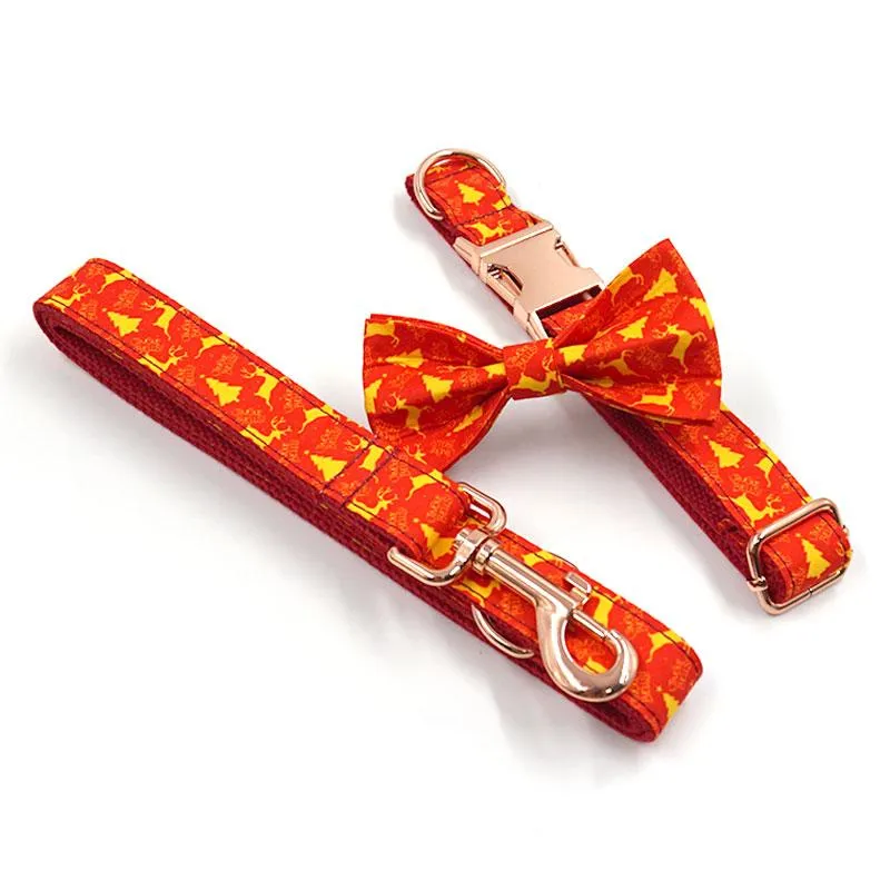 Personalized Dog Collar Set Engraved Rose Gold Metal Buckle Red Deer Christmas