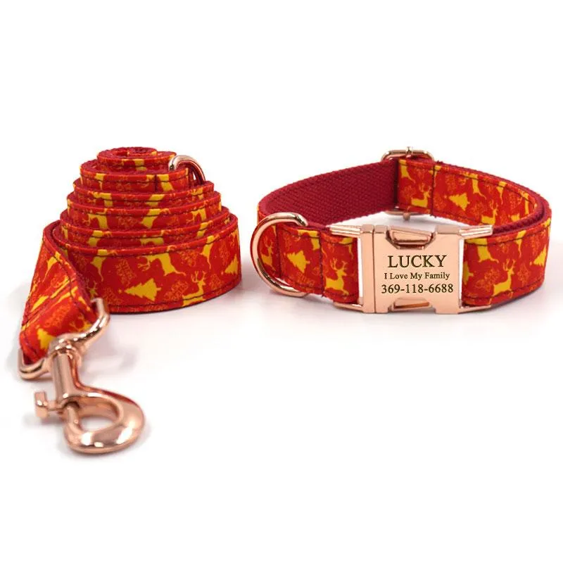 Personalized Dog Collar Set Engraved Rose Gold Metal Buckle Red Deer Christmas