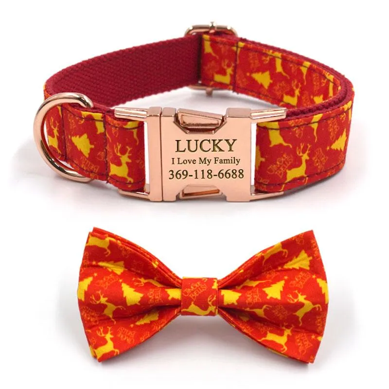 Personalized Dog Collar Set Engraved Rose Gold Metal Buckle Red Deer Christmas