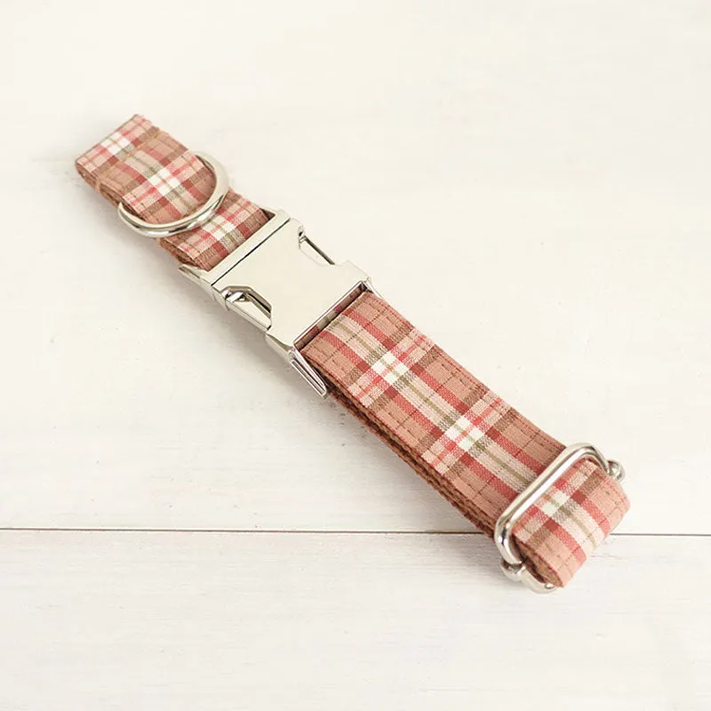 Personalized Orange Plaid Dog Collar with Name Engraved Metal Buckle Set