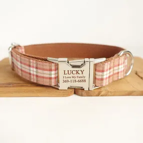 Personalized Orange Plaid Dog Collar with Name Engraved Metal Buckle Set