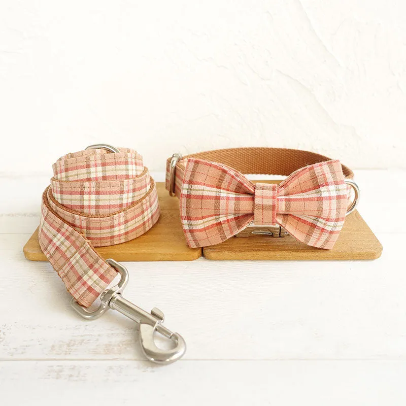 Personalized Orange Plaid Dog Collar with Name Engraved Metal Buckle Set