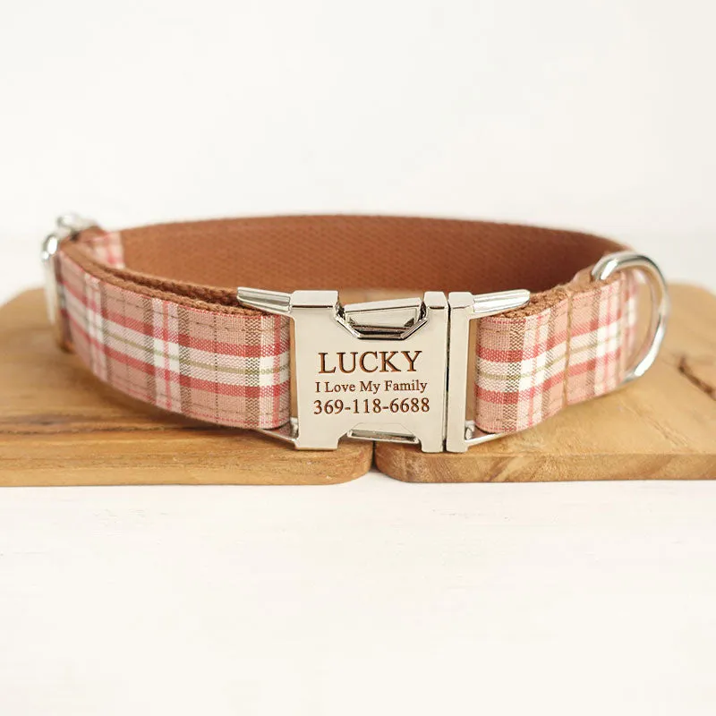 Personalized Orange Plaid Dog Collar with Name Engraved Metal Buckle Set