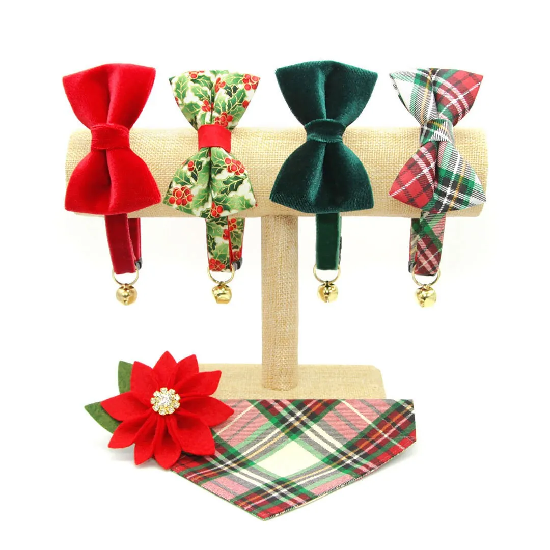 Pet Bow Tie - "Birchwood" - Christmas Red & Green Plaid Cat Bow Tie / Holiday / For Cats   Small Dogs (One Size)