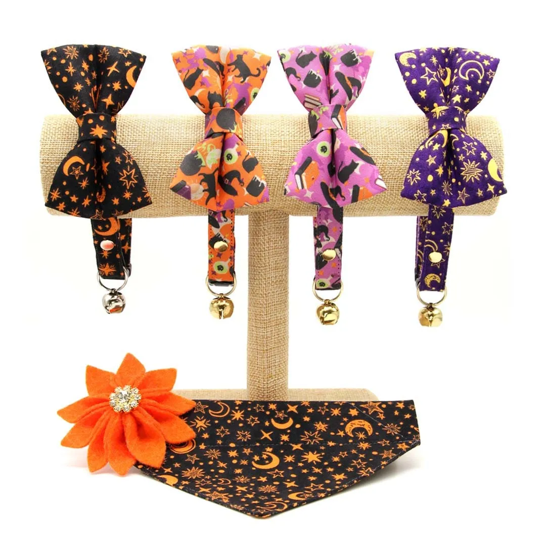 Pet Bow Tie - "Moonlight - Purple" - Moon & Stars Cat Bow Tie / Celestial, Zodiac, Magic, Astronomy, Lunar / For Cats   Small Dogs (One Size)