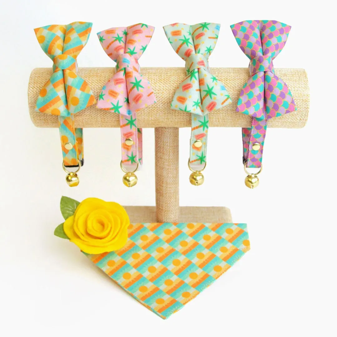 Popsicle Cat Bow Tie - "Palms & Popsicles - Pink" - Palm Tree Tropical Bow Tie for Cat / Summer Ice Cream Beach / Cat   Small Dog Bowtie