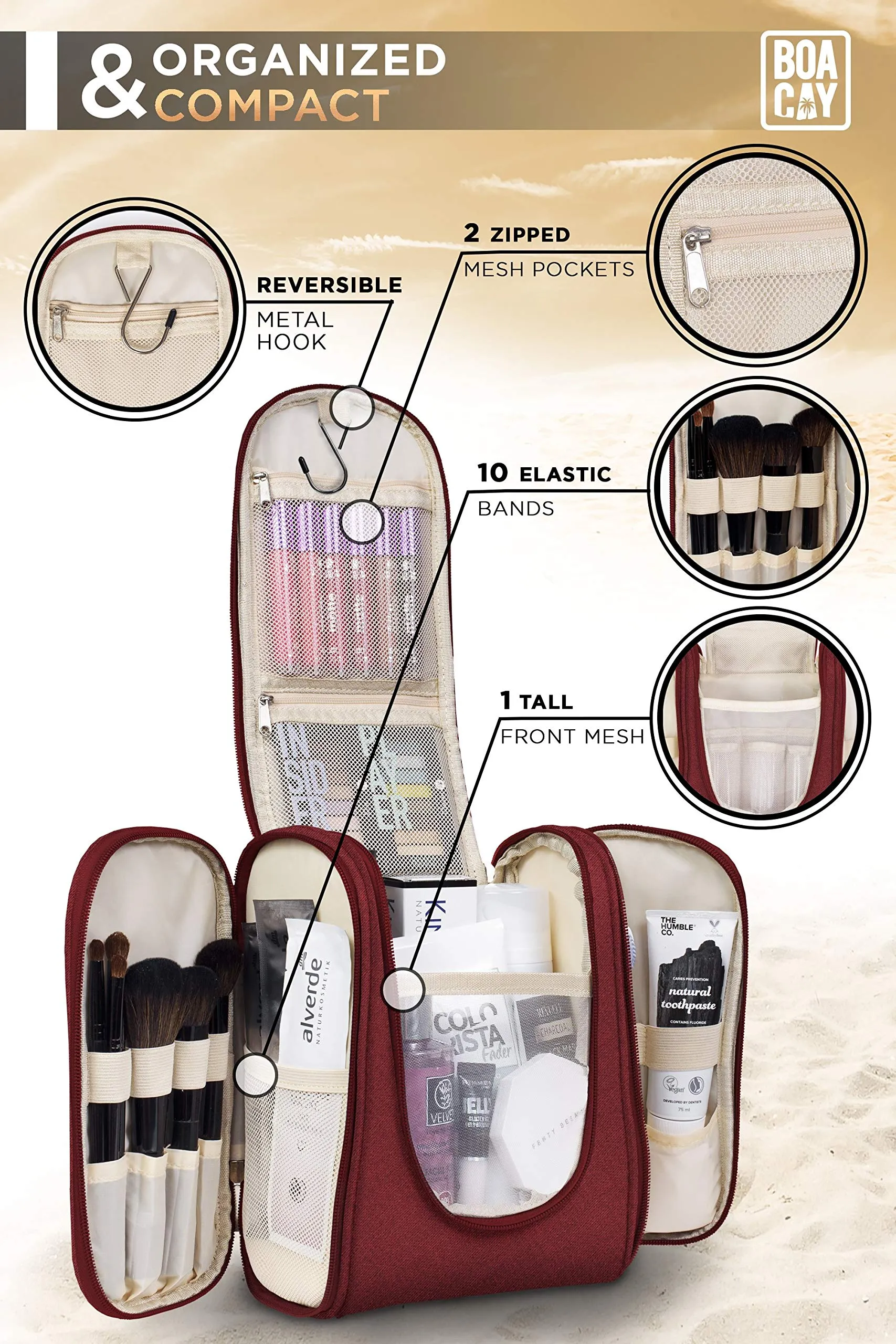 Premium Hanging Travel Toiletry Bag for Women and Men, Hygiene Bag, Bathroom and Shower Organizer Kit with Elastic Band Holders for Toiletries, Cosmetics, Makeup, Brushes