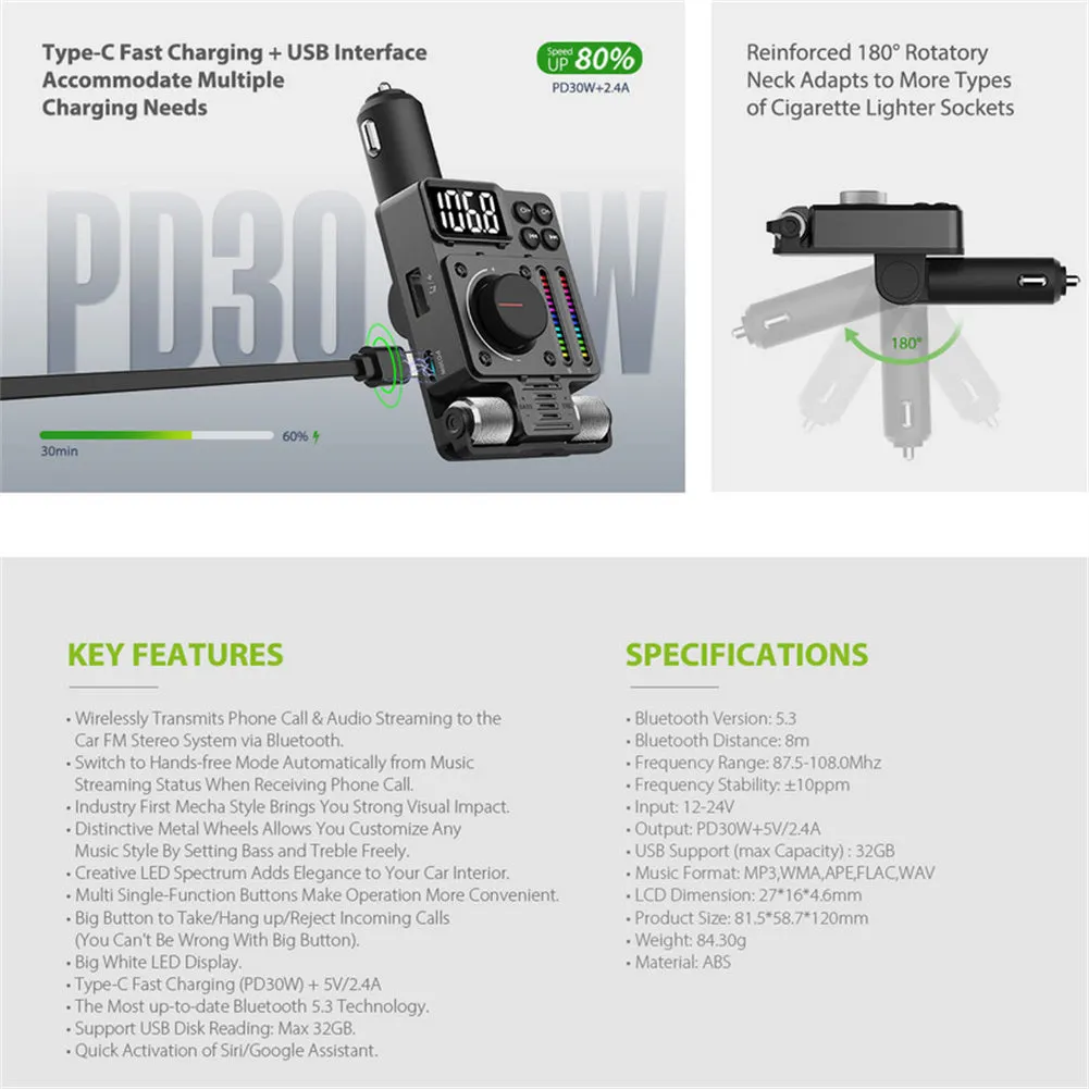 Qc3.0 Car Transmitter Hands-Free Calls Wireless Radio Transmitter