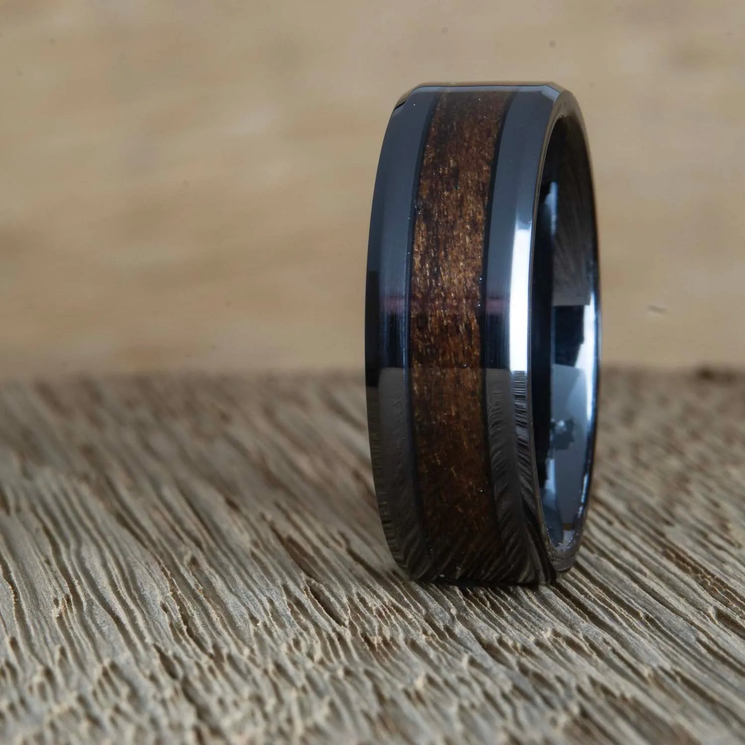 "The Forest" 8mm black wedding band with Walnut