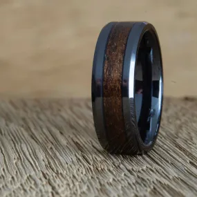 "The Forest" 8mm black wedding band with Walnut