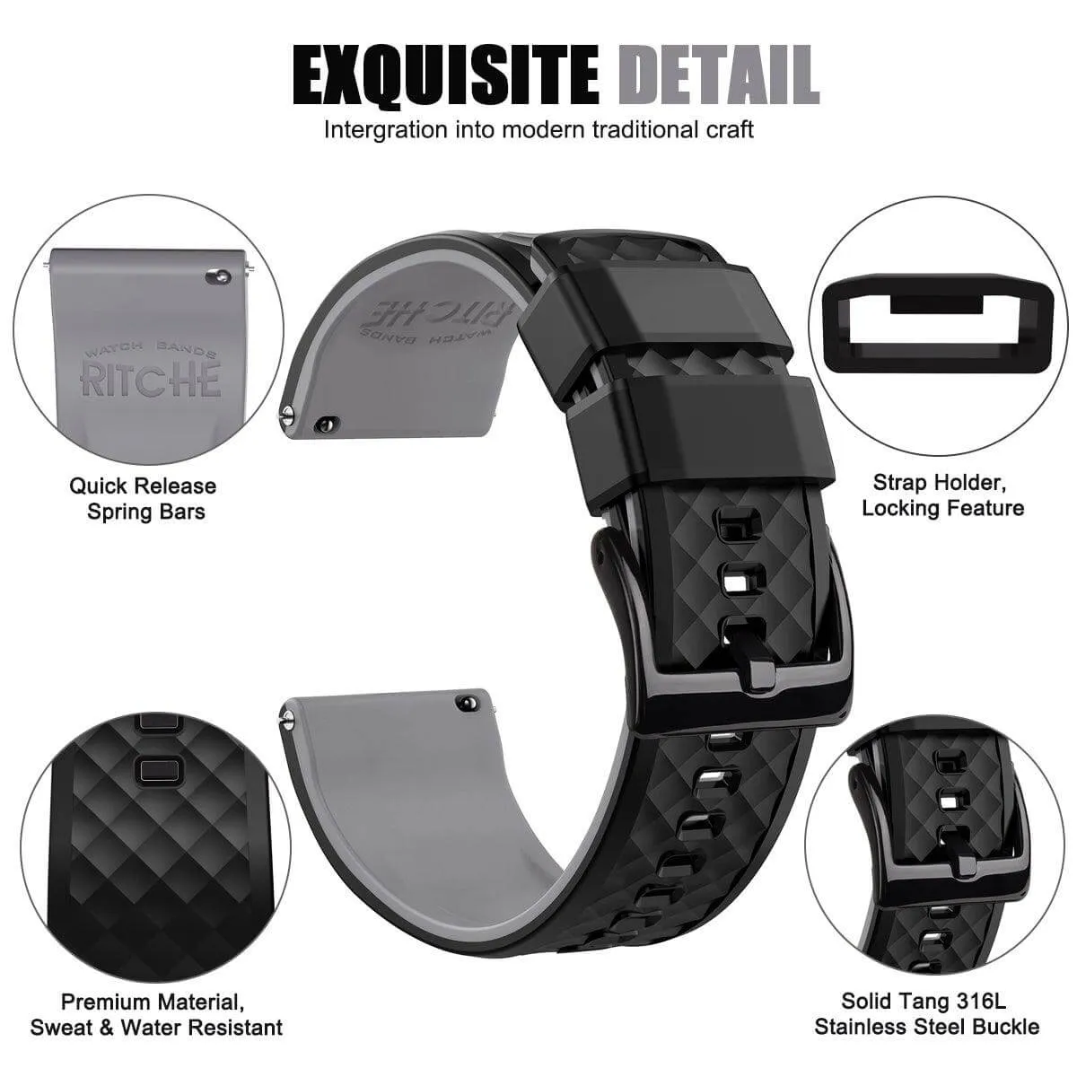 Ritche Black/Grey Classic Silicone Quick Release Watch Straps Bands