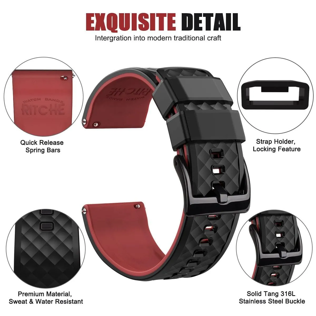 Ritche Black/Red Classic Silicone Quick Release Watch Bands