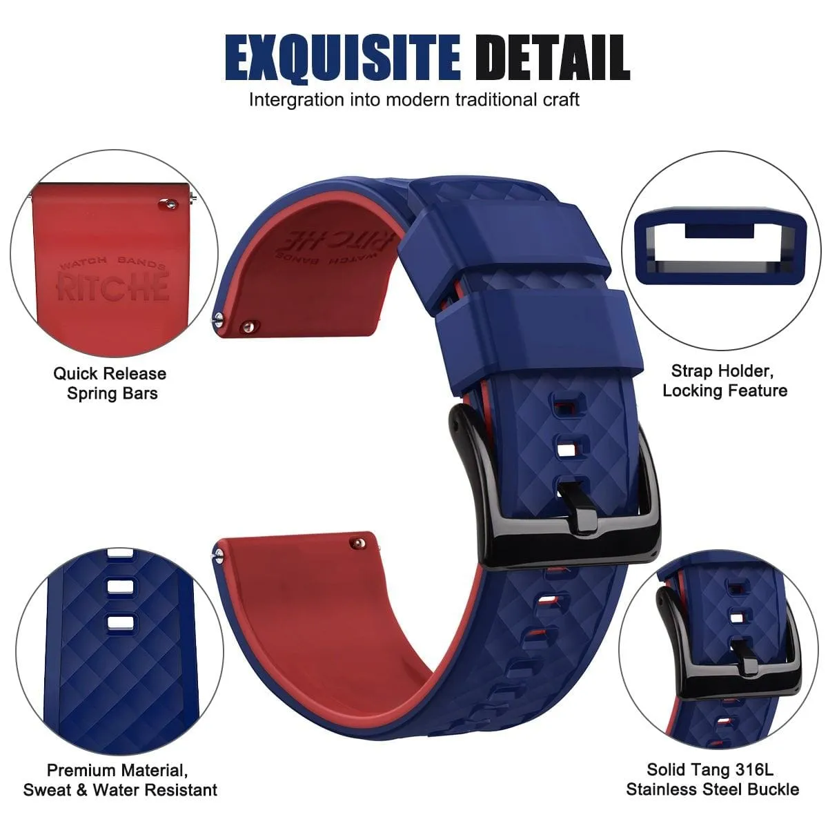 Ritche Blue Red Classic Silicone Watch Straps Bands-Blue/red