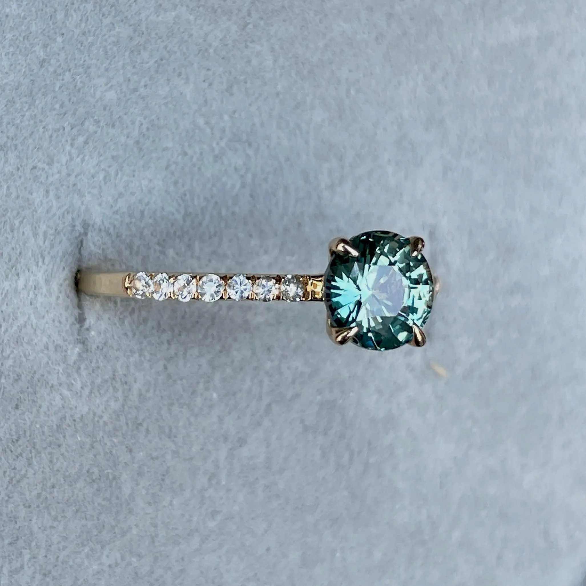 Round Cut Teal Sapphire Engagement Ring, Yellow Gold Peacock Sapphire hidden halo Ring, Teal Sapphire Wedding Ring