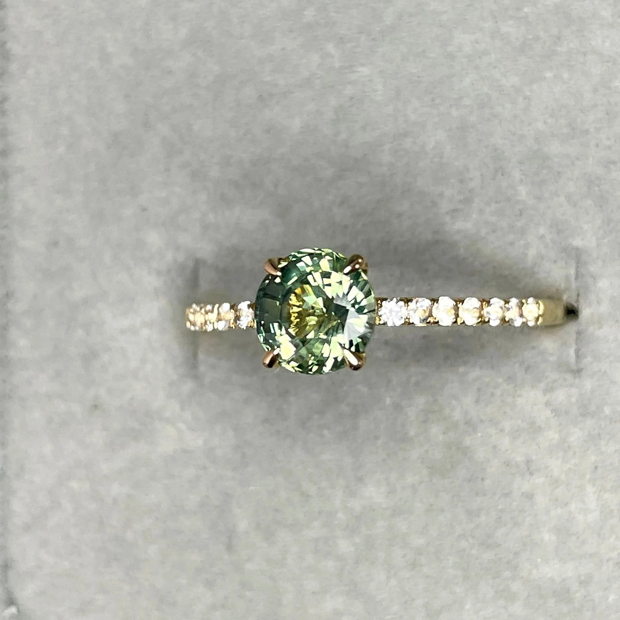 Round Cut Teal Sapphire Engagement Ring, Yellow Gold Peacock Sapphire hidden halo Ring, Teal Sapphire Wedding Ring