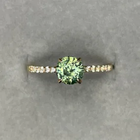 Round Cut Teal Sapphire Engagement Ring, Yellow Gold Peacock Sapphire hidden halo Ring, Teal Sapphire Wedding Ring