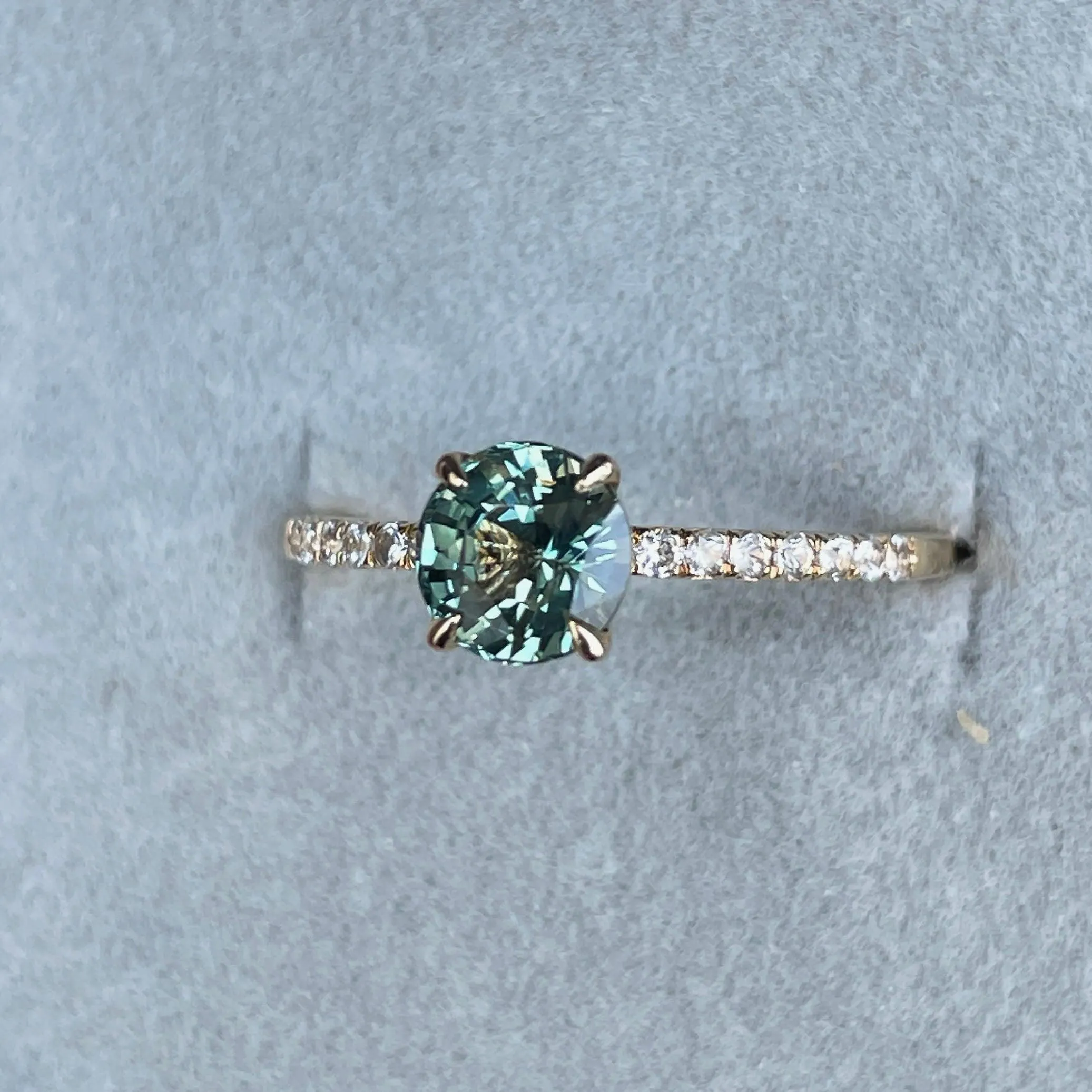 Round Cut Teal Sapphire Engagement Ring, Yellow Gold Peacock Sapphire hidden halo Ring, Teal Sapphire Wedding Ring