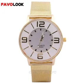 Shiny Fashion Elegant Women Analog Quartz Stainless Steel Mesh Band Wrist Watch Lady Clock Large Dial Number Wristband