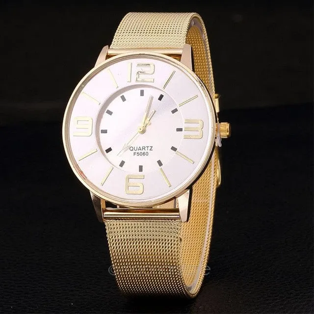 Shiny Fashion Elegant Women Analog Quartz Stainless Steel Mesh Band Wrist Watch Lady Clock Large Dial Number Wristband