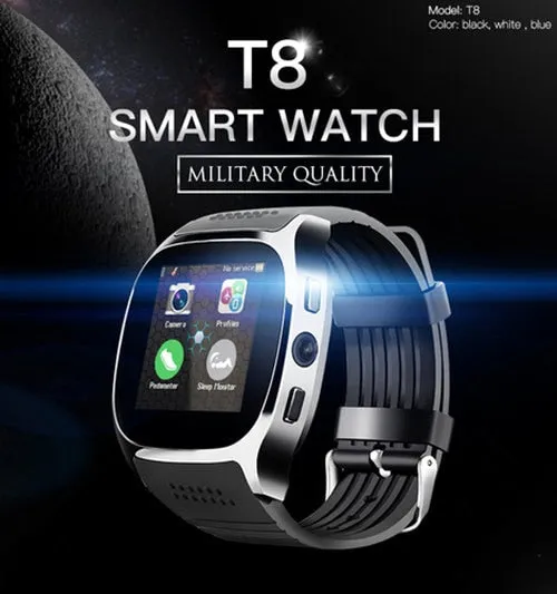 T8 Bluetooth Smart Watch with Camera, Music Player, Supports SIM & TF Card & Pedometer
