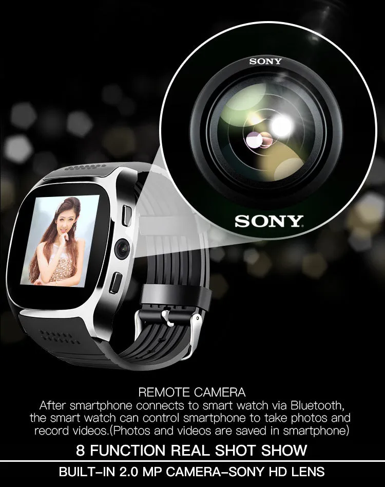 T8 Bluetooth Smart Watch with Camera, Music Player, Supports SIM & TF Card & Pedometer