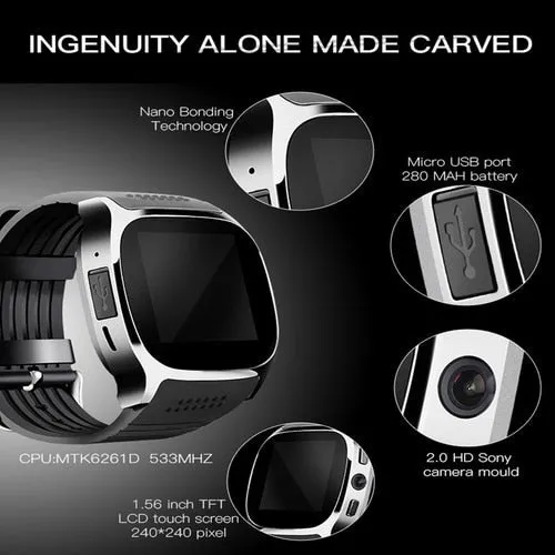 T8 Bluetooth Smart Watch with Camera, Music Player, Supports SIM & TF Card & Pedometer