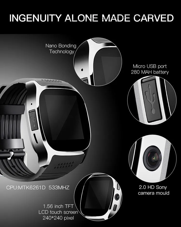 T8 Bluetooth Smart Watch with Camera, Music Player, Supports SIM & TF Card & Pedometer