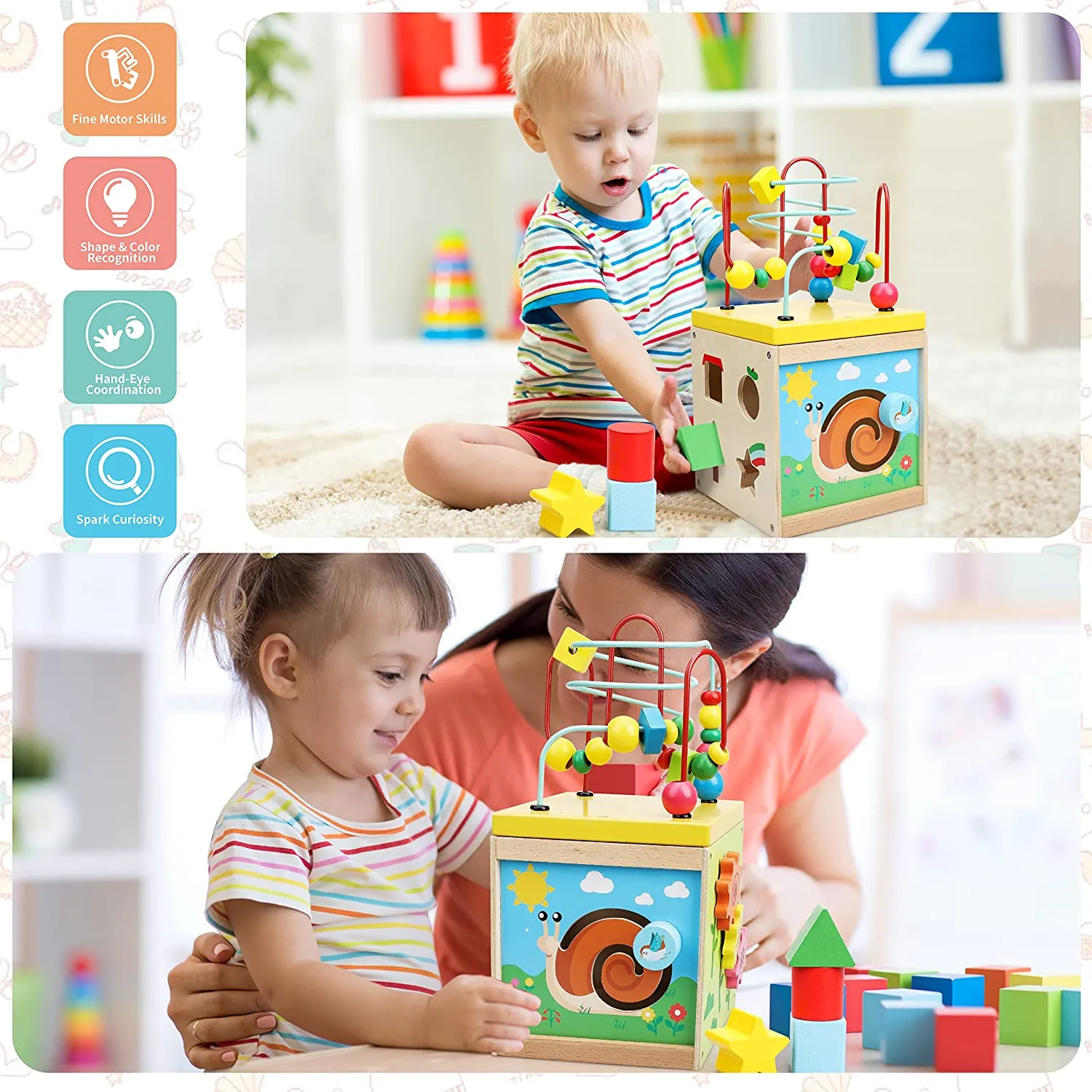 Wooden Baby Activity Cube for Toddlers