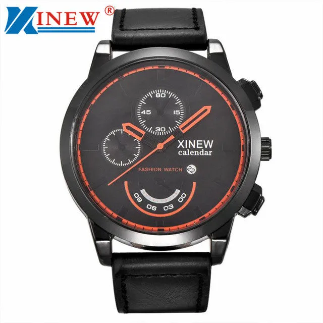 XINEW Fashion Men large dial hours military wrist Watch Vintage Classic Men Waterproof Date Leather Strap Sport Quartz Watch Y25