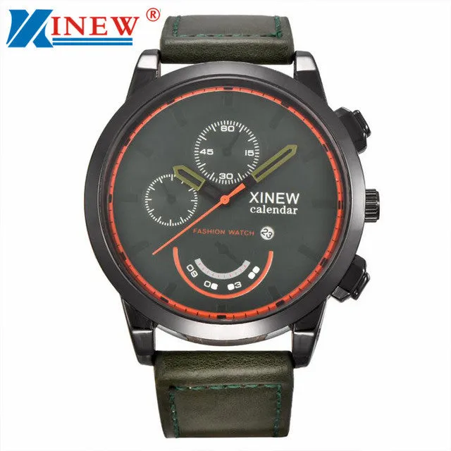 XINEW Fashion Men large dial hours military wrist Watch Vintage Classic Men Waterproof Date Leather Strap Sport Quartz Watch Y25
