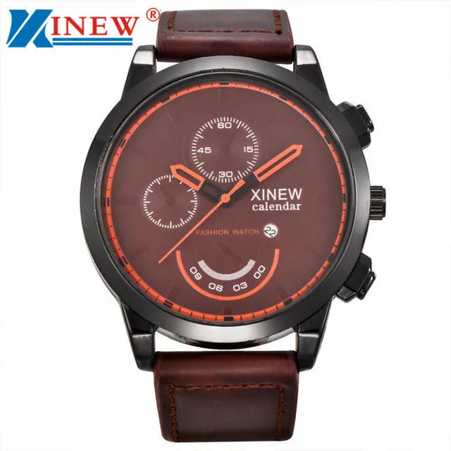 XINEW Fashion Men large dial hours military wrist Watch Vintage Classic Men Waterproof Date Leather Strap Sport Quartz Watch Y25