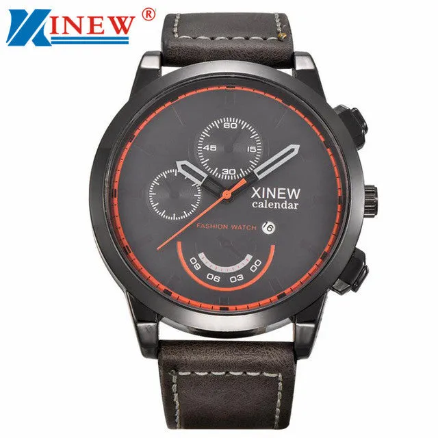 XINEW Fashion Men large dial hours military wrist Watch Vintage Classic Men Waterproof Date Leather Strap Sport Quartz Watch Y25
