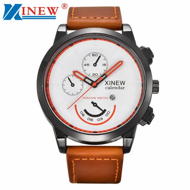XINEW Fashion Men large dial hours military wrist Watch Vintage Classic Men Waterproof Date Leather Strap Sport Quartz Watch Y25